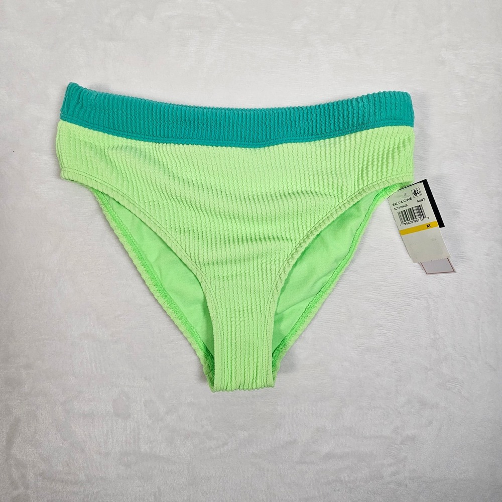 Salt + Cove High Waisted Bikini Bottoms Neon Lime Green Teal‎ Ribbed Size M
